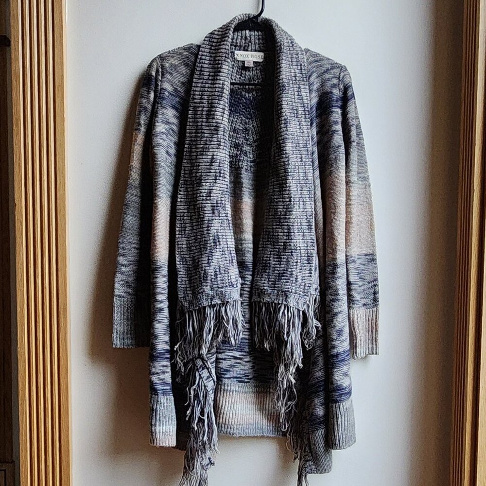 Knox Rose Tan/Brown Striped Open Cardigan With Fringe Size XS